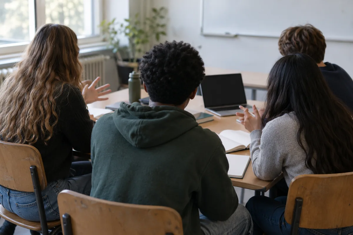 A small group of students seen from behind discussing around a classroom table.