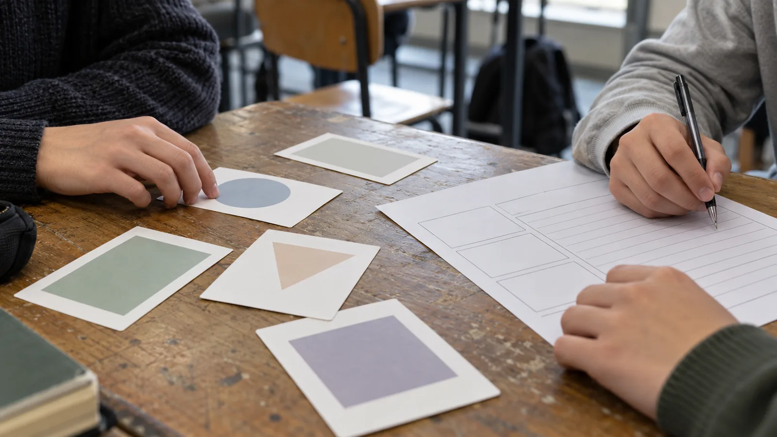 Hands working with printed case cards and a worksheet on a classroom table.