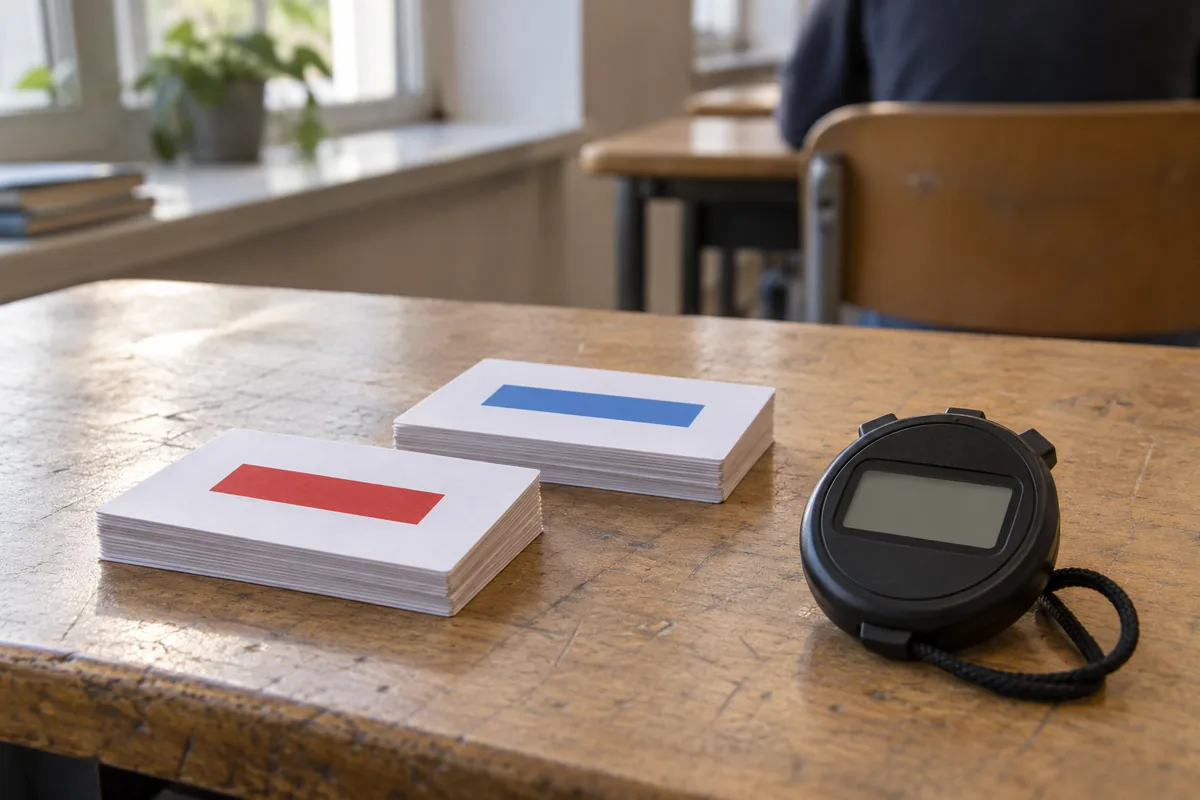 Two small stacks of cards with colored bars and a stopwatch on a classroom desk, ready for a demonstration.