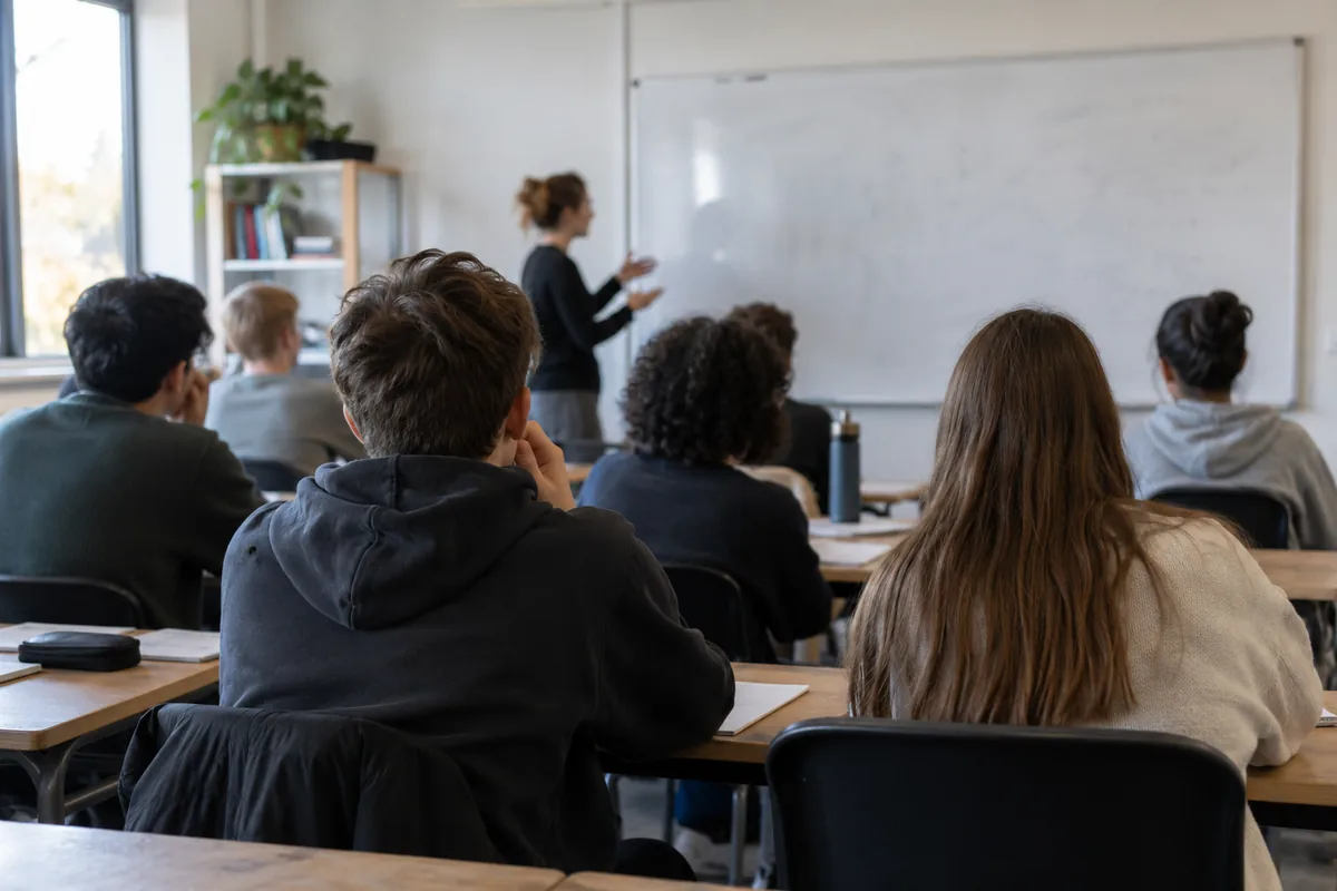 A classroom seen from the back during a discussion, students’ backs and a whiteboard with erased marks.