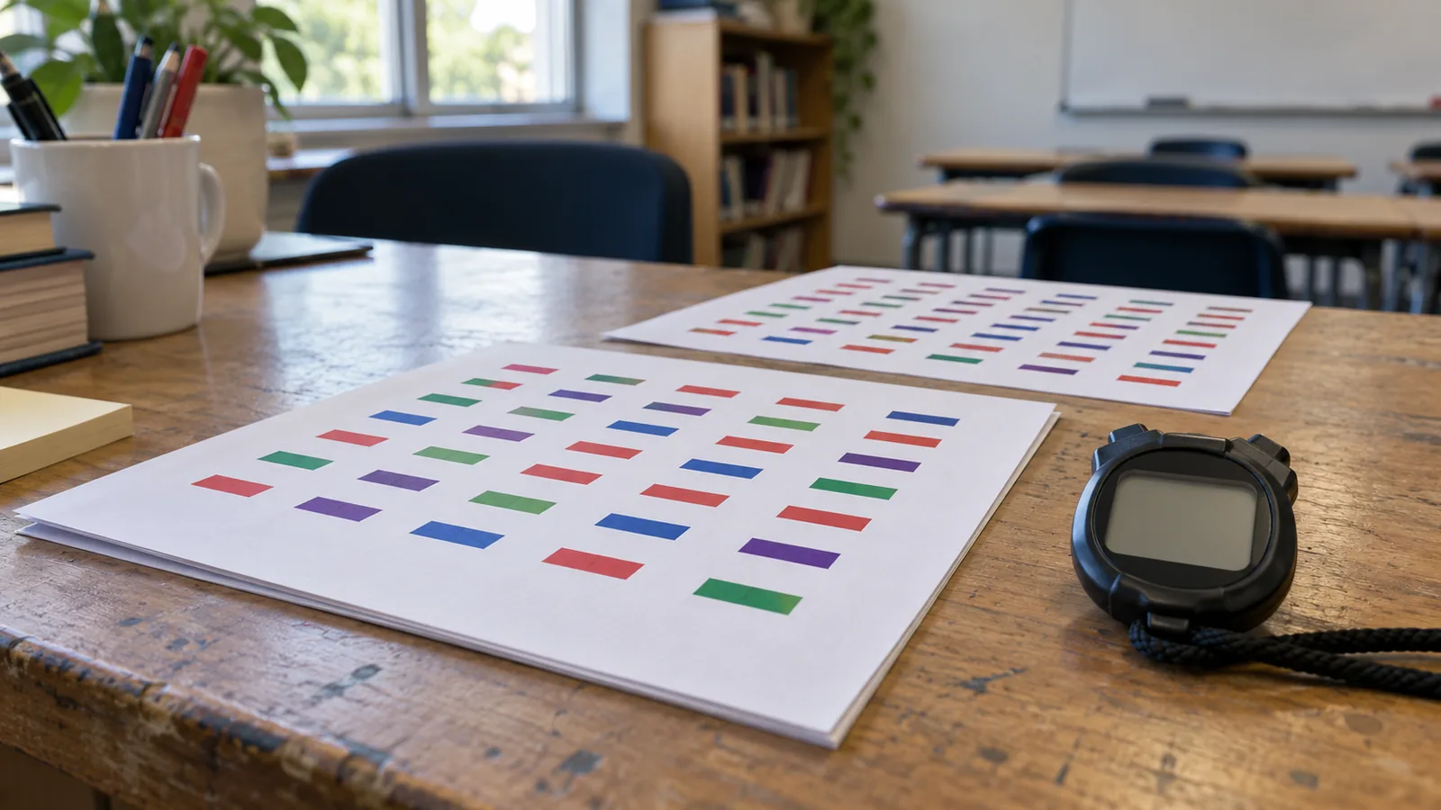 Printed sheets with rows of colored ink marks (red, blue, green, purple) on a teacher's desk beside a simple stopwatch.