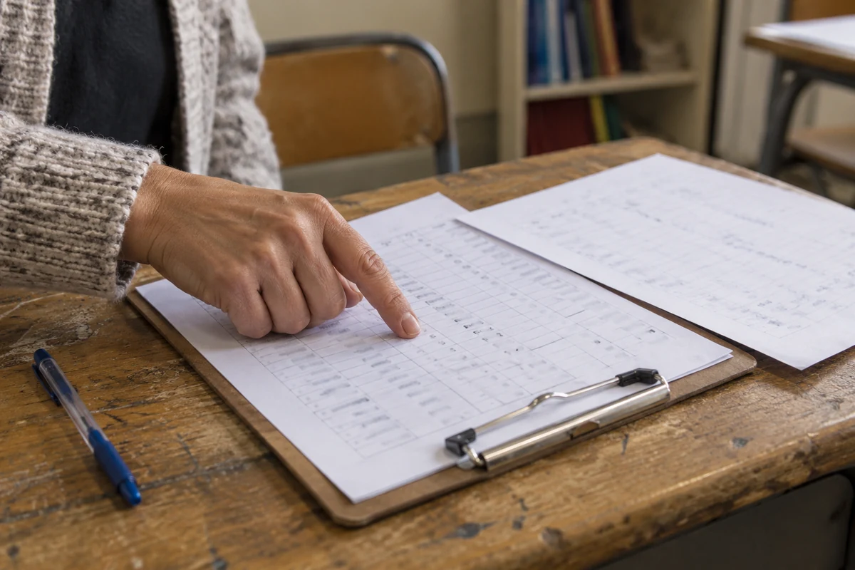 A hand checking a paper record on a clipboard at a classroom desk.