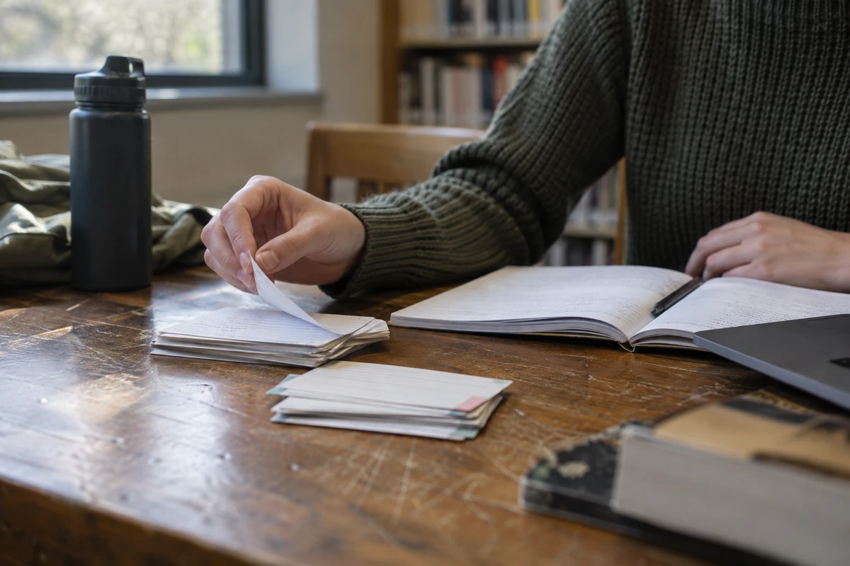 A hand turning an index card beside study cards and an open notebook.