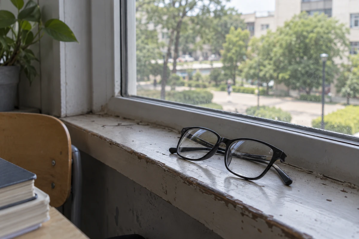 Eyeglasses on a classroom windowsill overlooking a leafy courtyard.