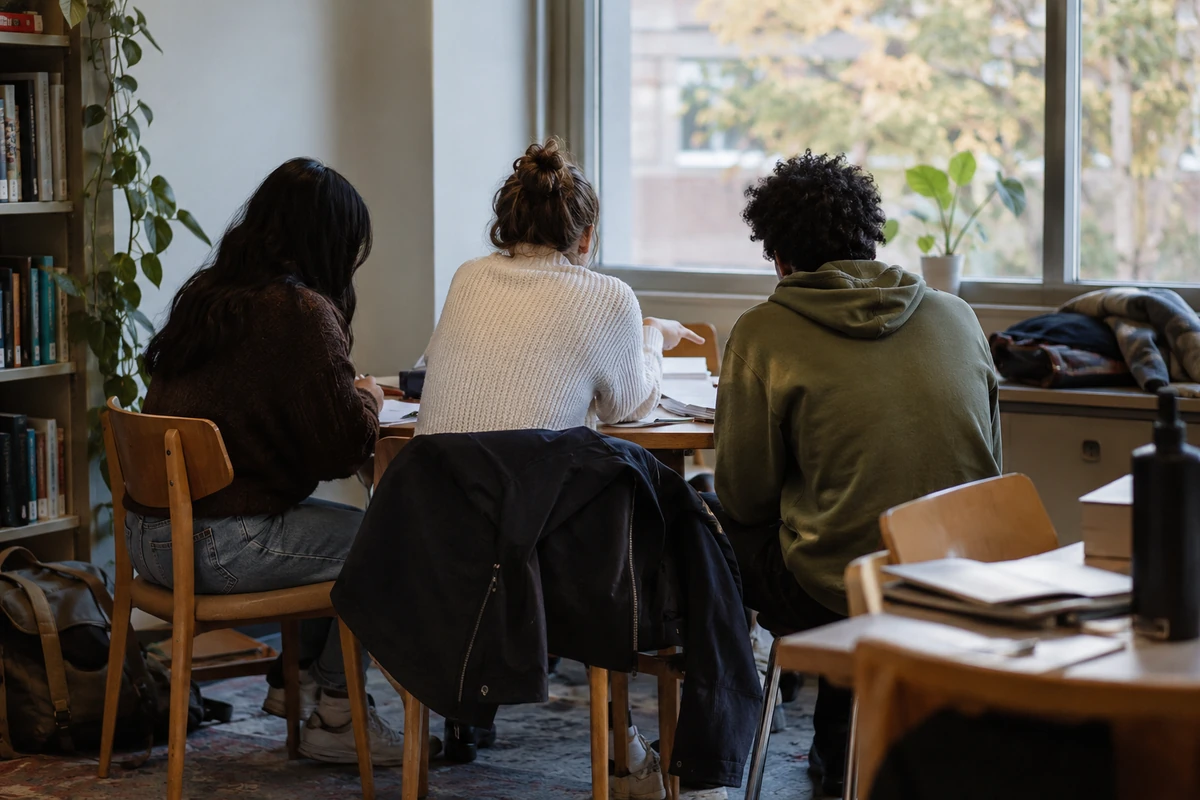Three students seen from behind discussing papers around a study table.