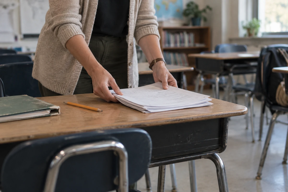 An educator placing worksheets on a classroom desk.