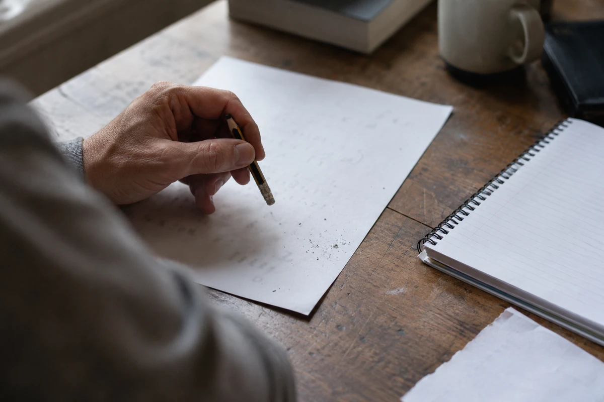 A hand using a pencil on an exercise sheet beside a spiral notebook.